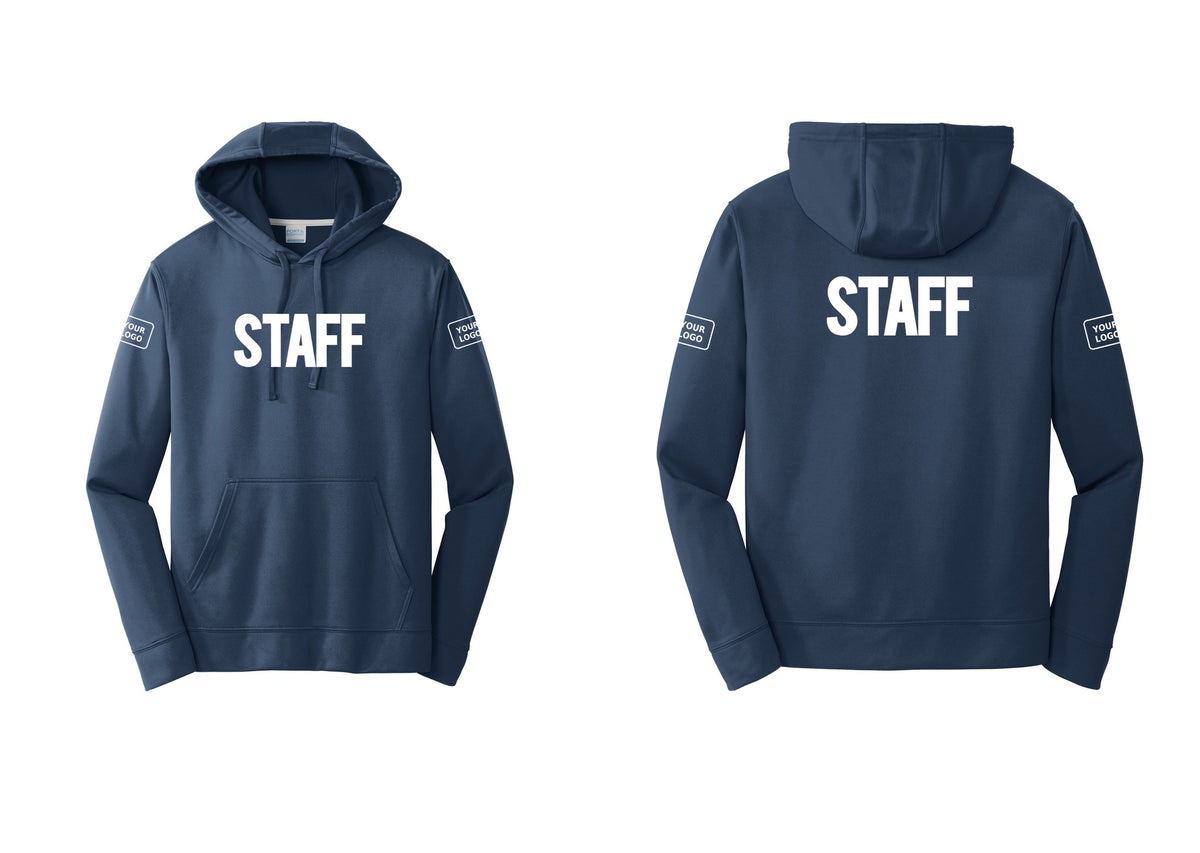 NYC Factory Custom Logo Staff Performance Hooded Fleece Pullover Sweatshirt (Bold) - Front + Back + Your Logo Sleeves - Navy