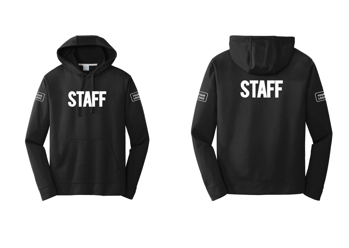 NYC Factory Custom Logo Staff Performance Hooded Fleece Pullover Sweatshirt (Bold) - Front + Back + Your Logo Sleeves - Black