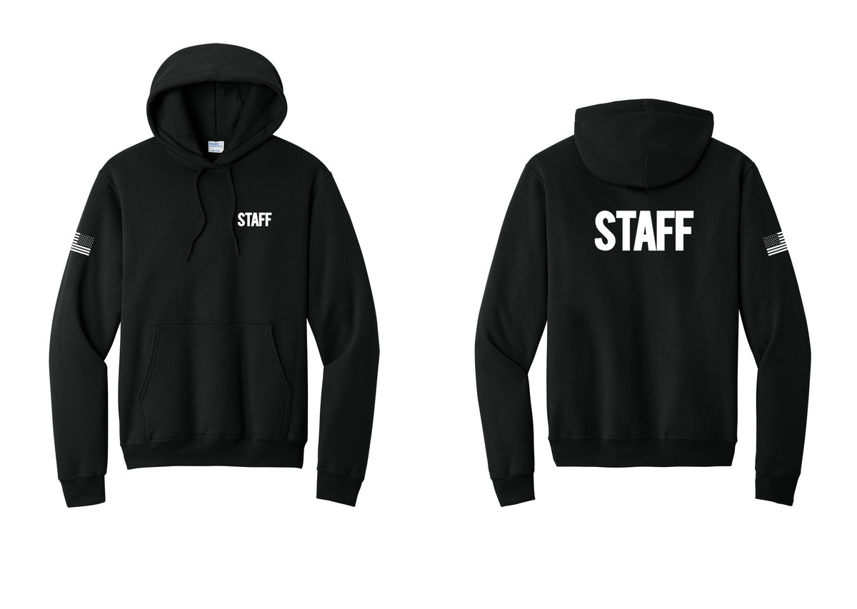NYC Factory Staff Cotton Fleece Pullover Hoodie (Bold) - Chest + Back + US Flag Sleeve - Black