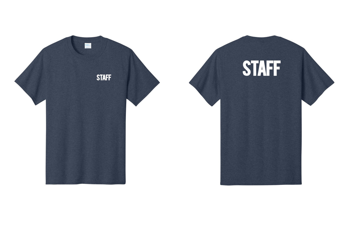 NYC Factory Staff T-Shirt, Bold Lettering - Chest + Back - Heather Navy