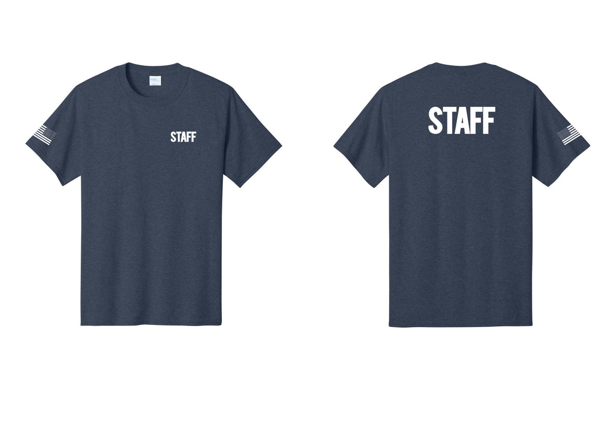 NYC Factory Staff T-Shirt, Bold Lettering - Chest + Back + US Flag Sleeve - Heather Navy