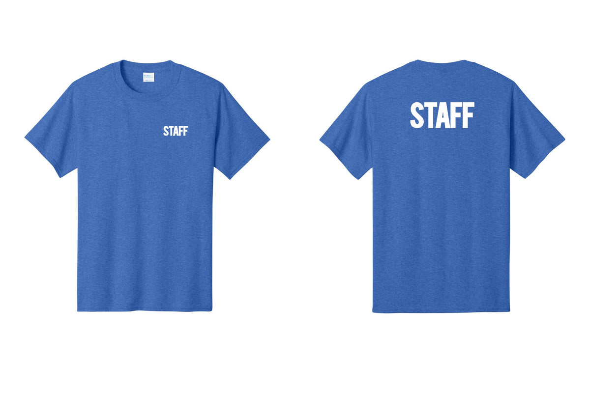NYC Factory Staff T-Shirt, Bold Lettering - Chest + Back - Heather Royal