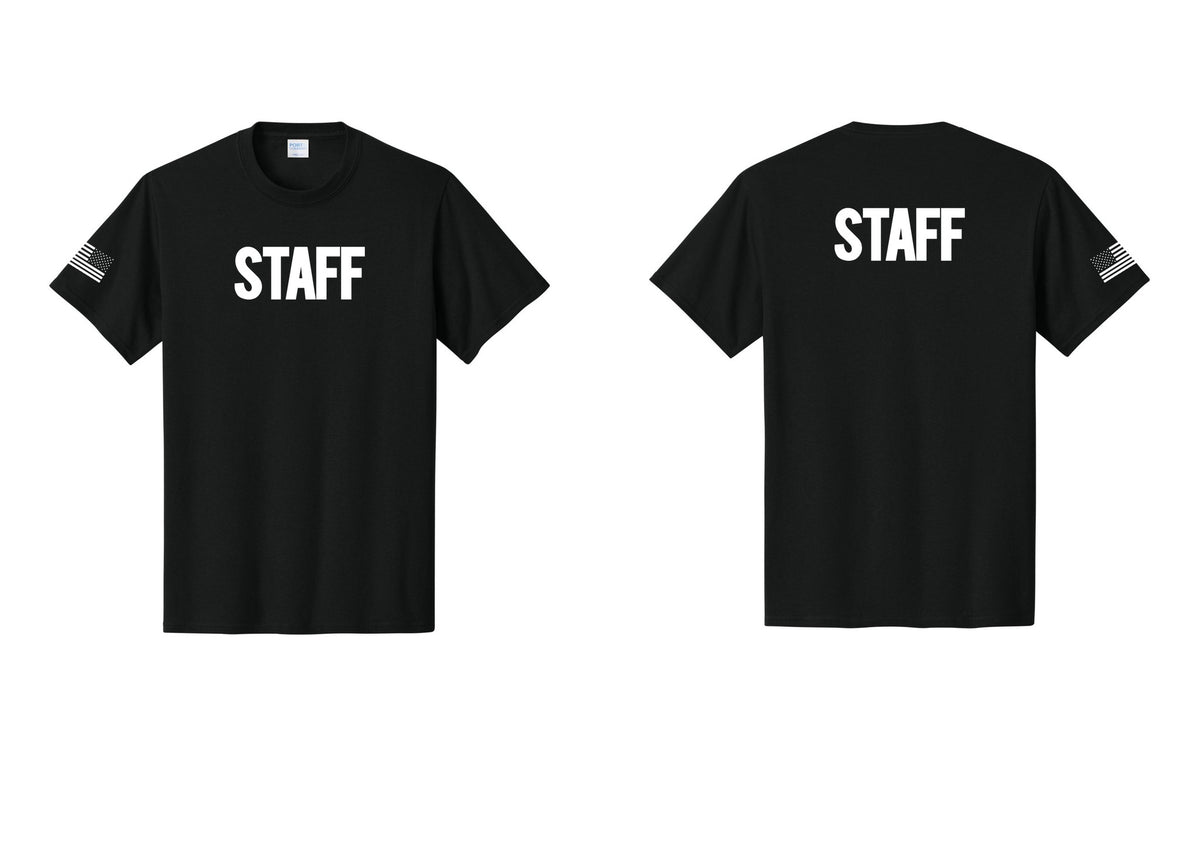 NYC Factory Staff T-Shirt, Bold Lettering - Front + Back + US Flag Sleeve - Black