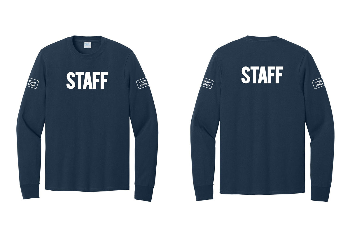 NYC Factory Custom Logo Staff Cotton Long Sleeve T-Shirt (Bold) - Front + Back + Your Logo Sleeves - Navy