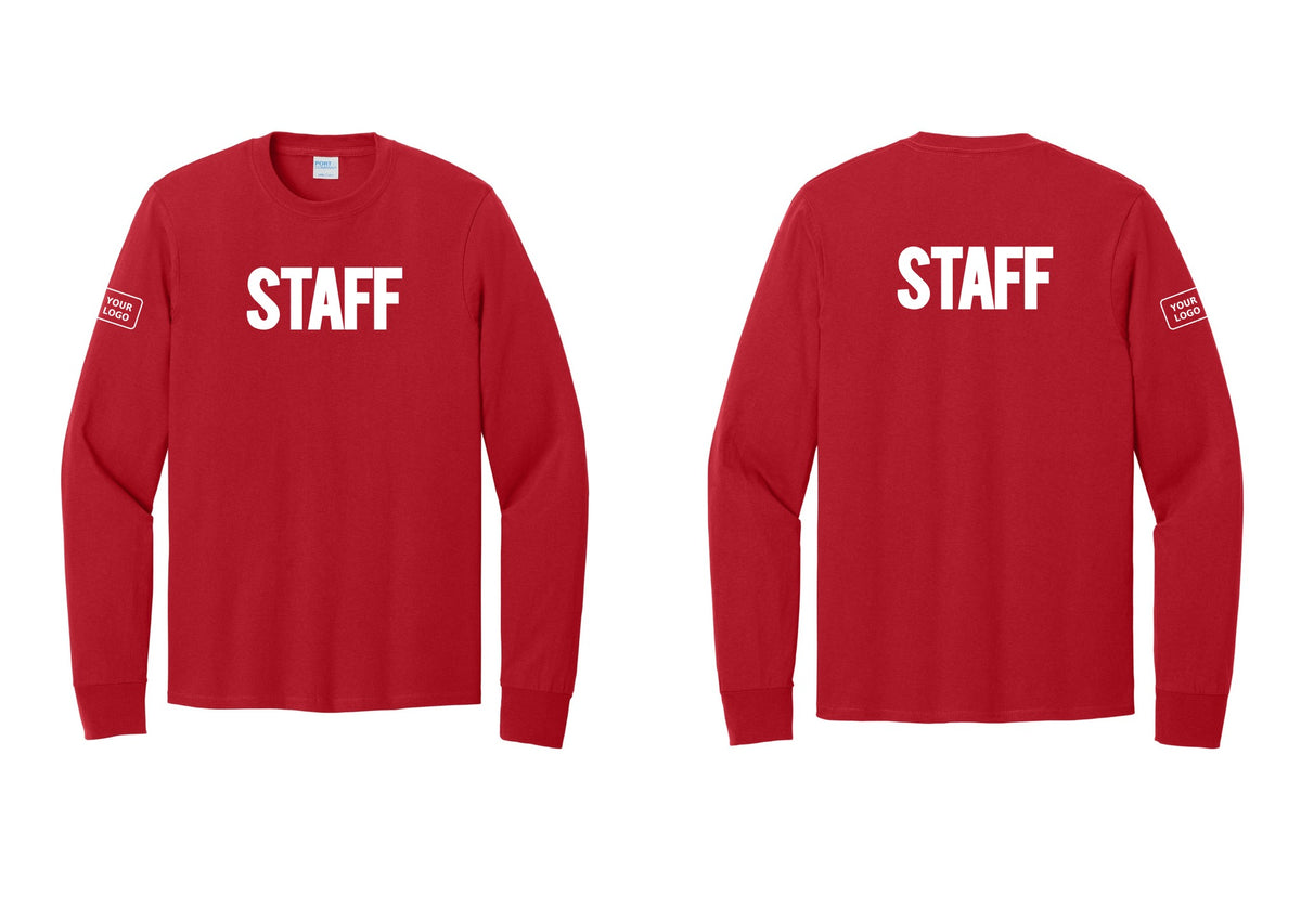 NYC Factory Custom Logo Staff Cotton Long Sleeve T-Shirt (Bold) - Front + Back + Your Logo Sleeve - Red