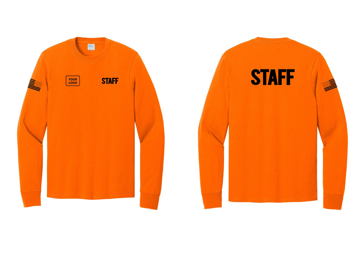 NYC Factory Custom Logo Staff Cotton Long Sleeve T-Shirt (Bold) - STAFF + Your Logo + Back + US Flag Sleeve - Safety Orange