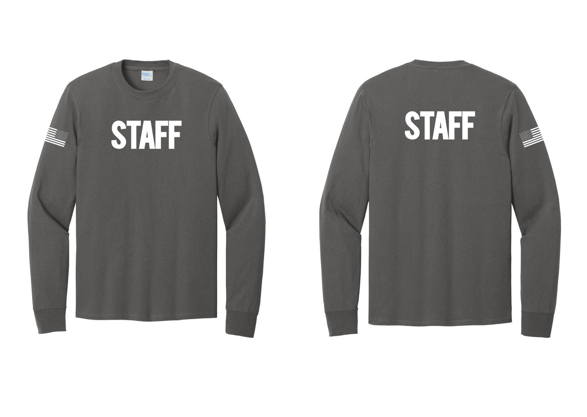 NYC Factory Staff Cotton Long Sleeve T-Shirt (Bold) - Front + Back + US Flag Sleeve - Charcoal