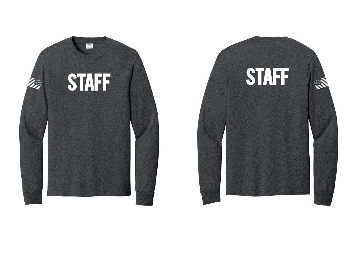 NYC Factory Staff Cotton Long Sleeve T-Shirt (Bold) - Front + Back + US Flag Sleeve - Dark Heather Grey