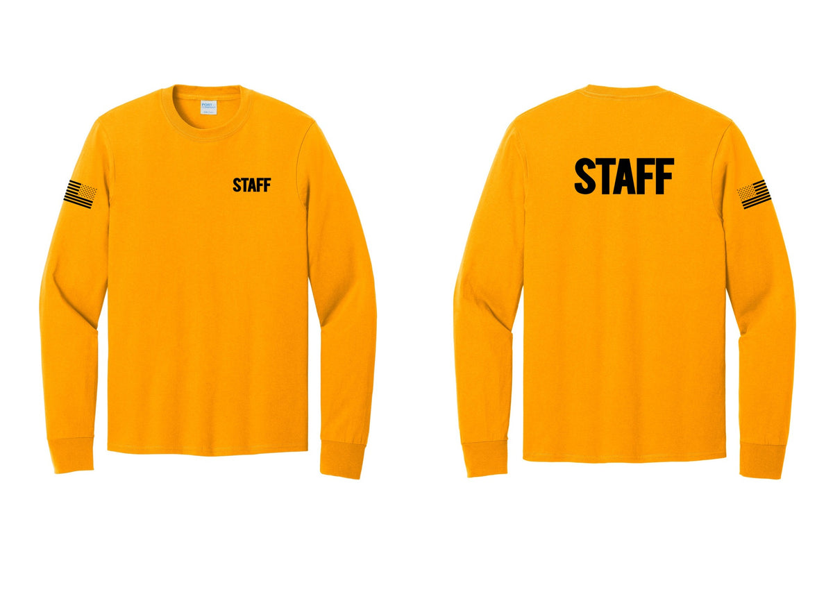 NYC Factory Staff Cotton Long Sleeve T-Shirt (Bold) - Chest + Back + US Flag Sleeve - Gold