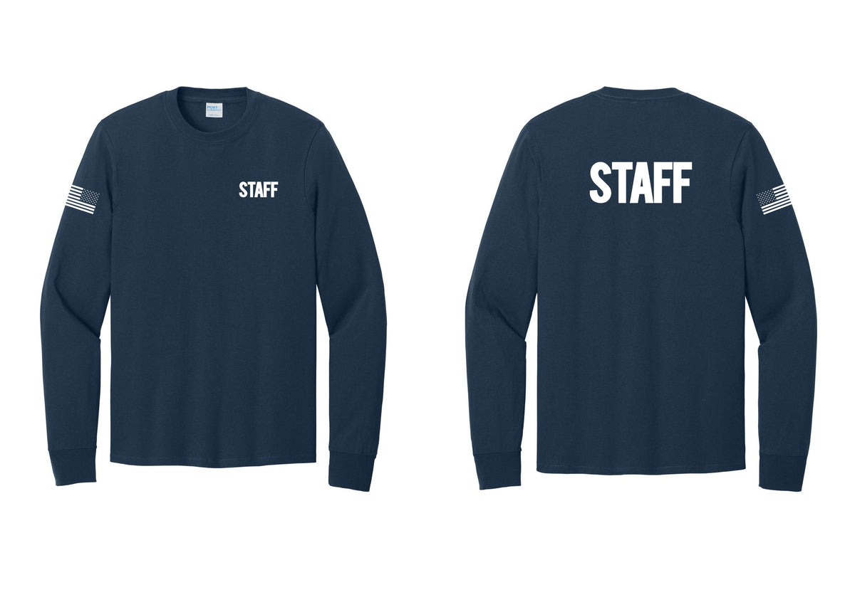 NYC Factory Staff Cotton Long Sleeve T-Shirt (Bold) - Chest + Back + US Flag Sleeve - Navy