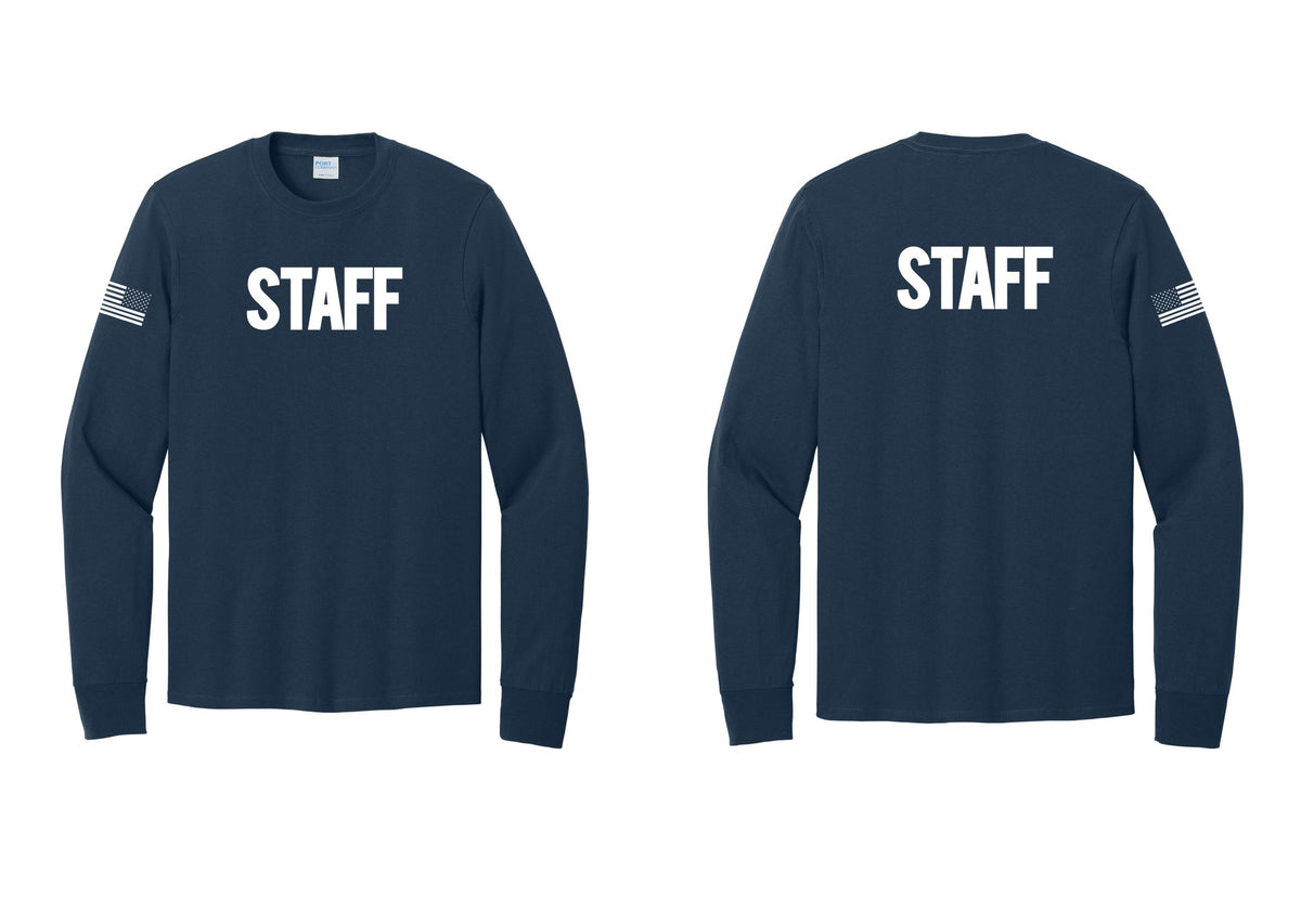 NYC Factory Staff Cotton Long Sleeve T-Shirt (Bold) - Front + Back + US Flag Sleeve - Navy