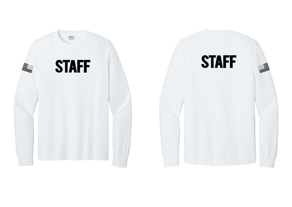 NYC Factory Staff Cotton Long Sleeve T-Shirt (Bold) - Front + Back + US Flag Sleeve - White