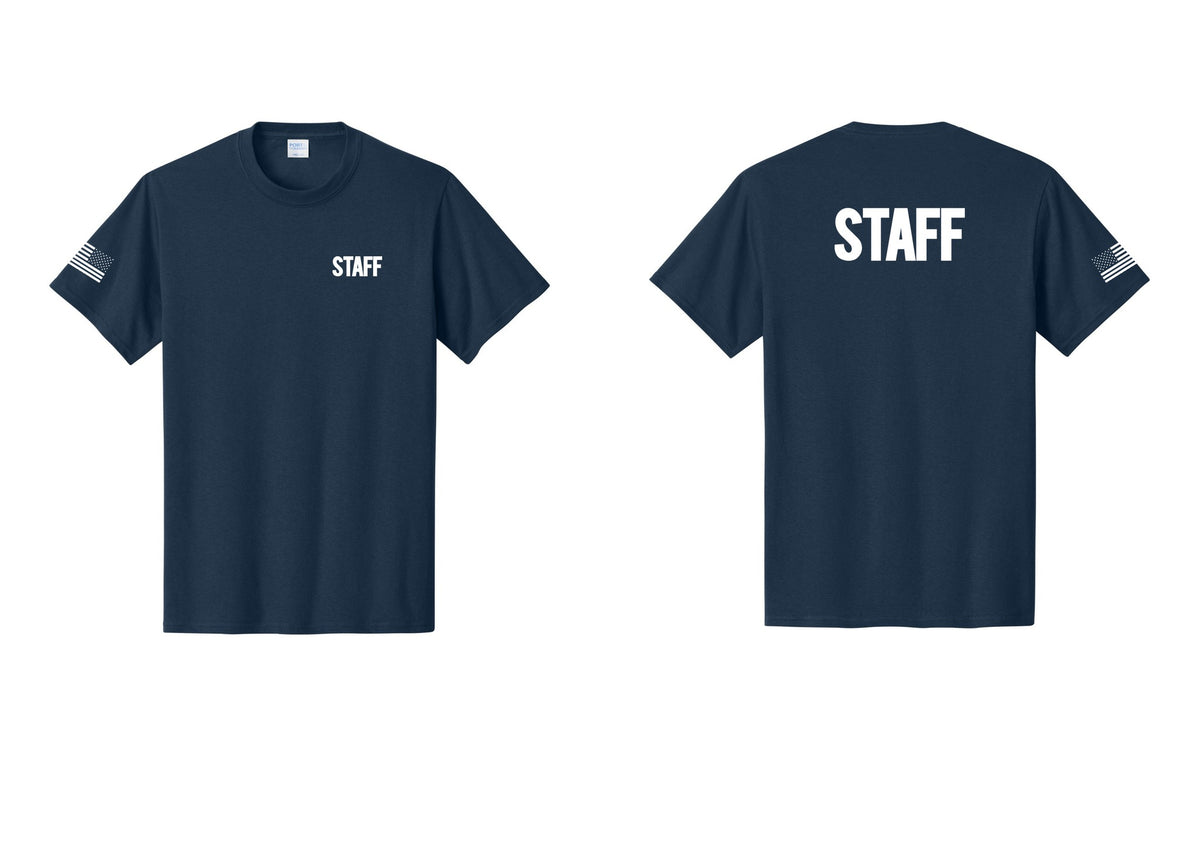 NYC Factory Staff T-Shirt, Bold Lettering - Chest + Back + US Flag Sleeve - Navy