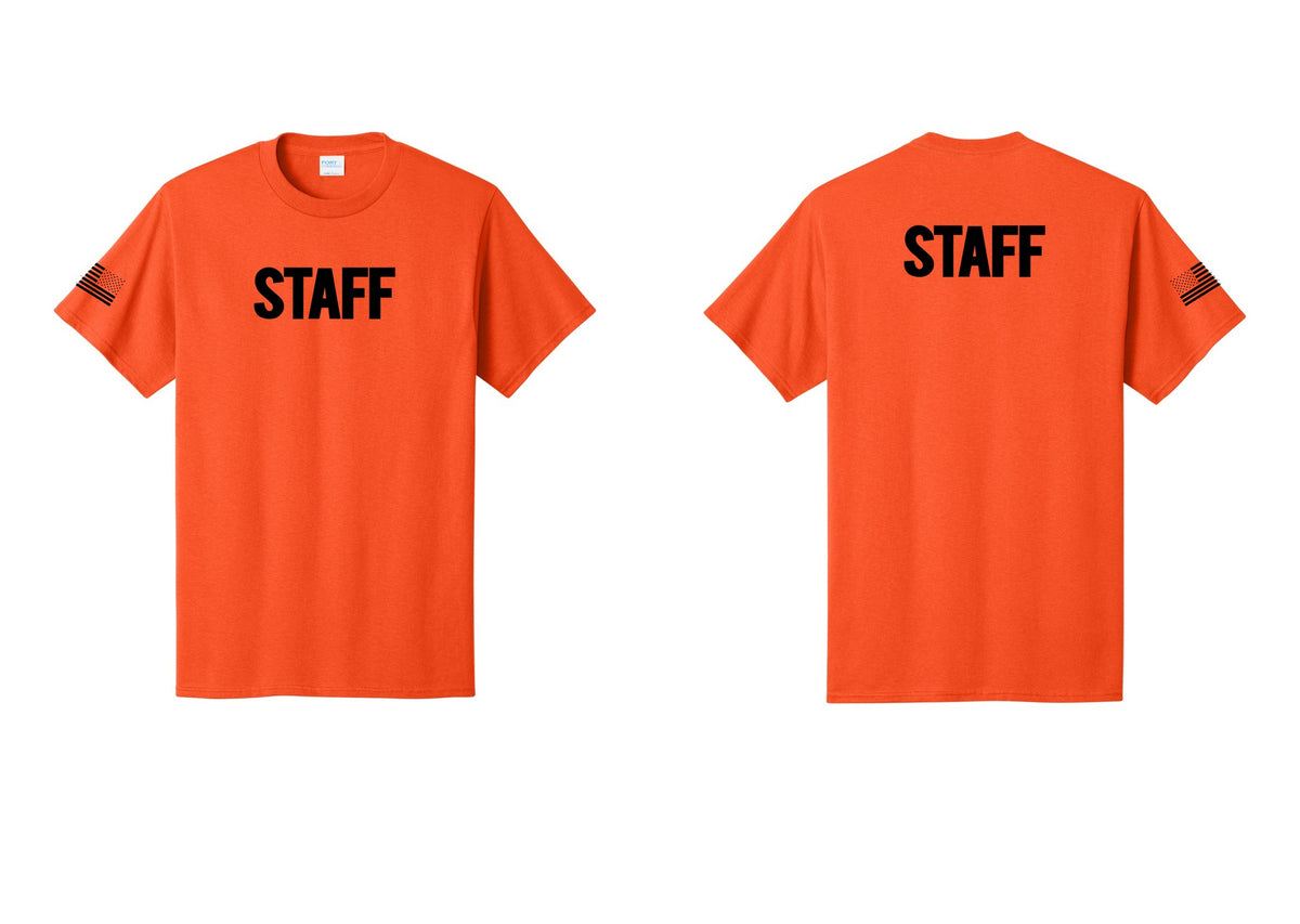 NYC Factory Staff T-Shirt, Bold Lettering - Front + Back + US Flag Sleeve - Orange