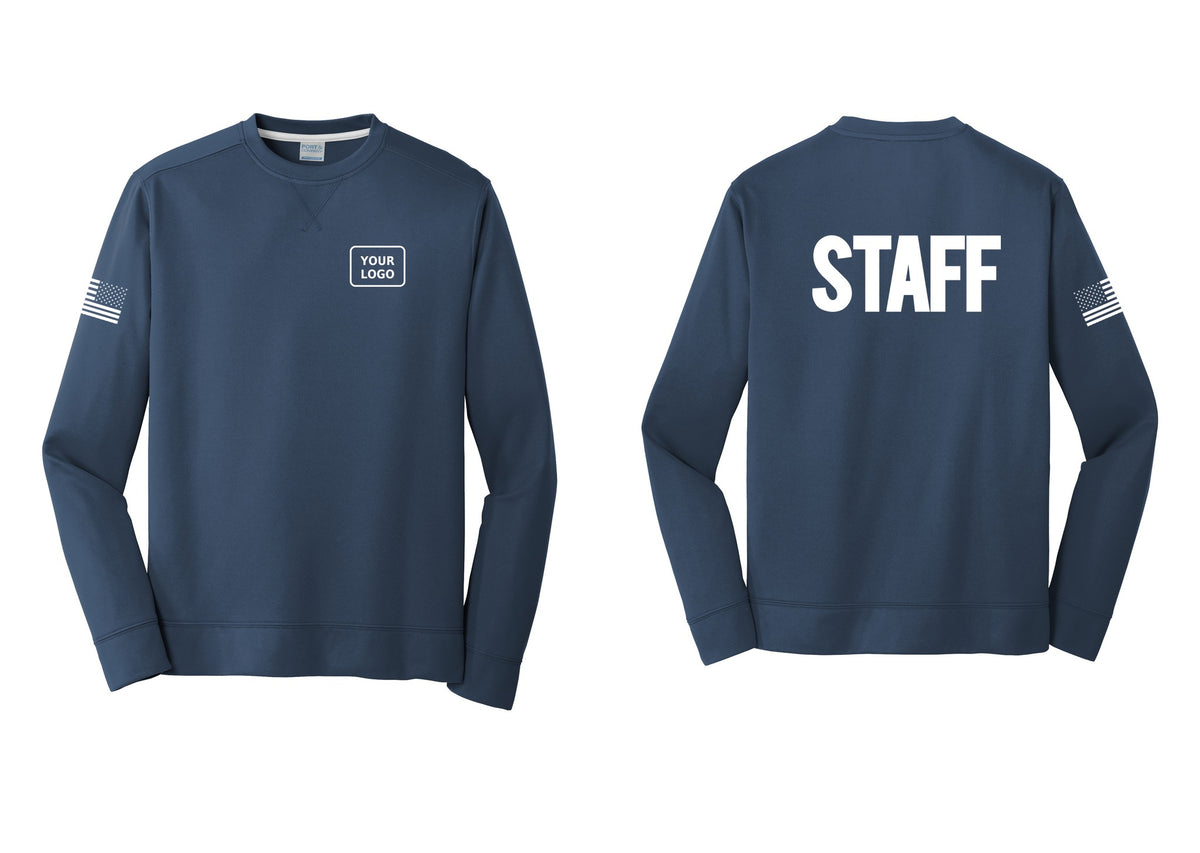 NYC Factory Custom Logo Staff Performance Fleece Crewneck Sweatshirt (Bold) - Your Logo + Back + US Flag Sleeve - Navy