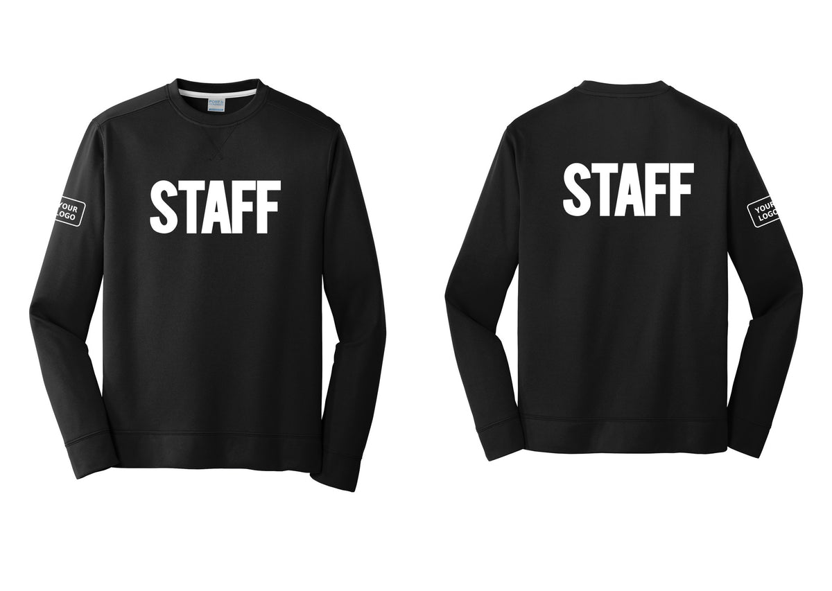 NYC Factory Custom Logo Staff Performance Fleece Crewneck Sweatshirt (Bold) - Front + Back + Your Logo Sleeve - Black