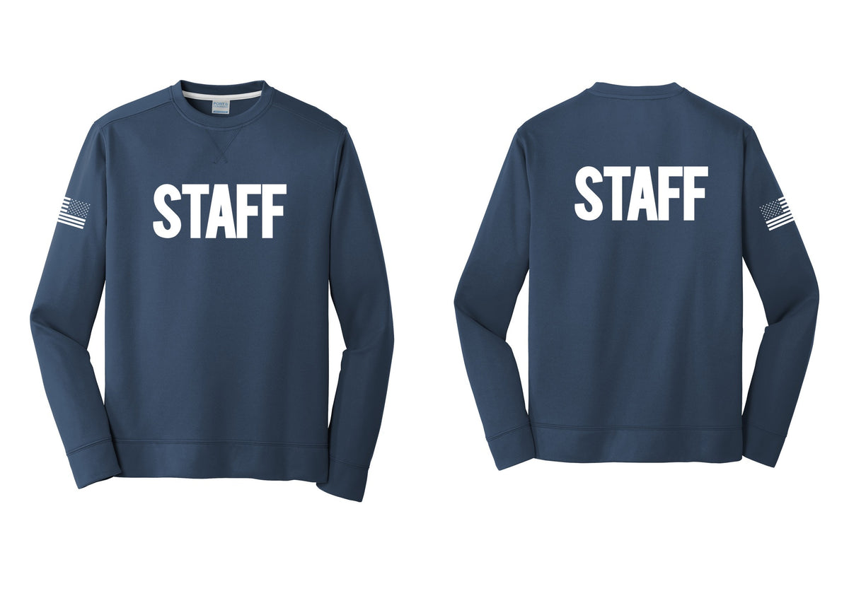 NYC Factory Staff Performance Fleece Crewneck Sweatshirt (Bold) - Front + Back + US Flag Sleeve - Navy