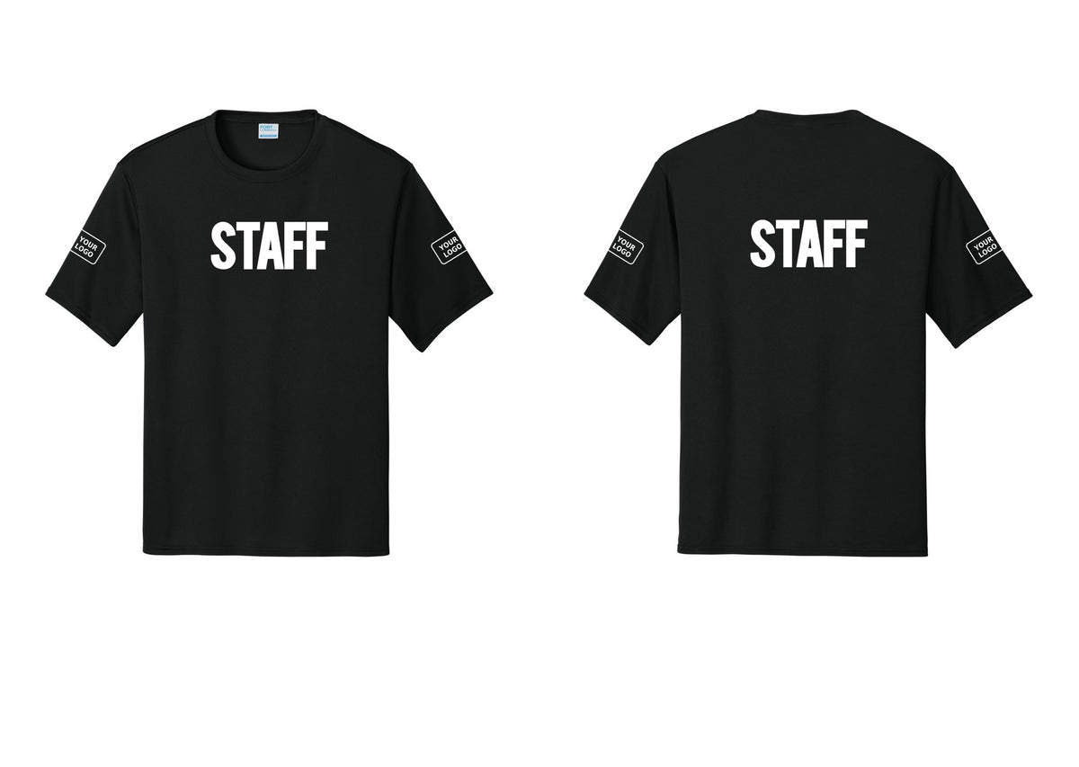NYC Factory Custom Logo Staff Performance T-Shirt (Bold) - Front + Back + Your Logo Sleeves - Black