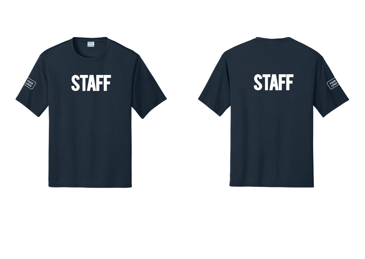 NYC Factory Custom Logo Staff Performance T-Shirt (Bold) - Front + Back + Your Logo Sleeve - Navy