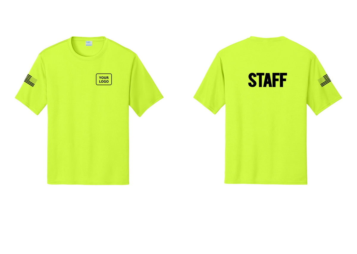 NYC Factory Custom Logo Staff Performance T-Shirt (Bold) - Your Logo + Back + US Flag Sleeve - Neon Yellow