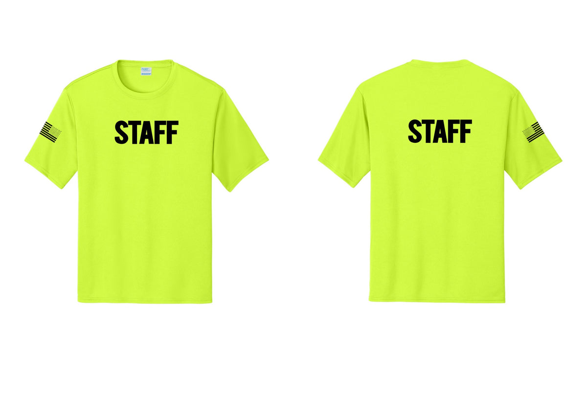 NYC Factory Staff Performance T-Shirt (Bold) - Front + Back + US Flag Sleeve - Neon Yellow