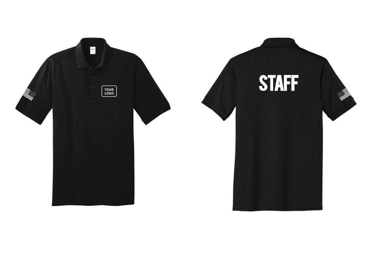 NYC Factory Custom Logo Staff Polo Shirt (Bold) - Your Logo + Back + US Flag Sleeve - Black