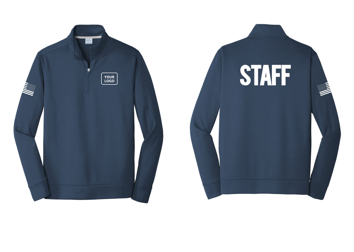 NYC Factory Custom Logo Staff Performance Fleece 1/4-Zip Pullover Sweatshirt (Bold) - Your Logo + Back + US Flag Sleeve - Navy