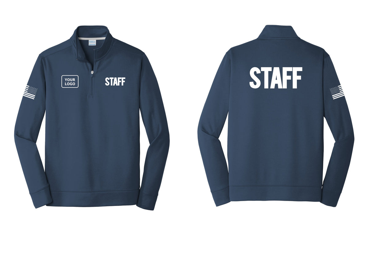 NYC Factory Custom Logo Staff Performance Fleece 1/4-Zip Pullover Sweatshirt (Bold) - STAFF + Your Logo + Back + US Flag Sleeve - Navy