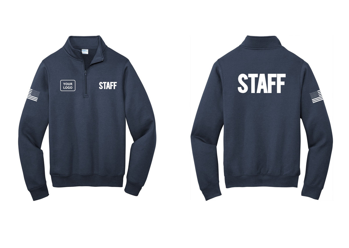 NYC Factory Custom Logo Staff Cotton Fleece 1/4-Zip Pullover Sweatshirt (Bold) - STAFF + Your Logo + Back + US Flag Sleeve - Navy