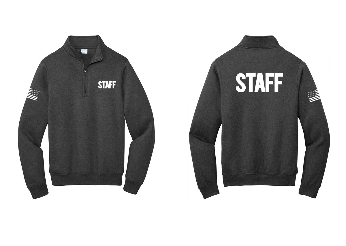 NYC Factory Staff Cotton Fleece 1/4-Zip Pullover Sweatshirt (Bold) - Chest + Back + US Flag Sleeve - Dark Heather Grey