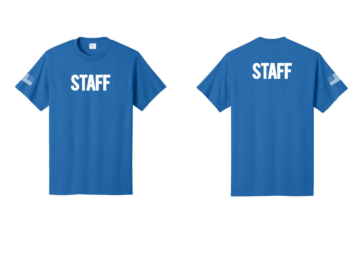 NYC Factory Staff T-Shirt, Bold Lettering - Front + Back + US Flag Sleeve - Royal