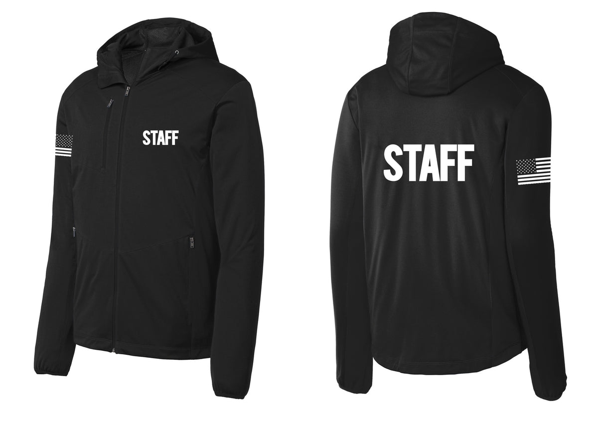 NYC Factory Staff Soft Shell Hooded Jacket (Bold) - Chest + Back + US Flag Sleeve - Deep Black