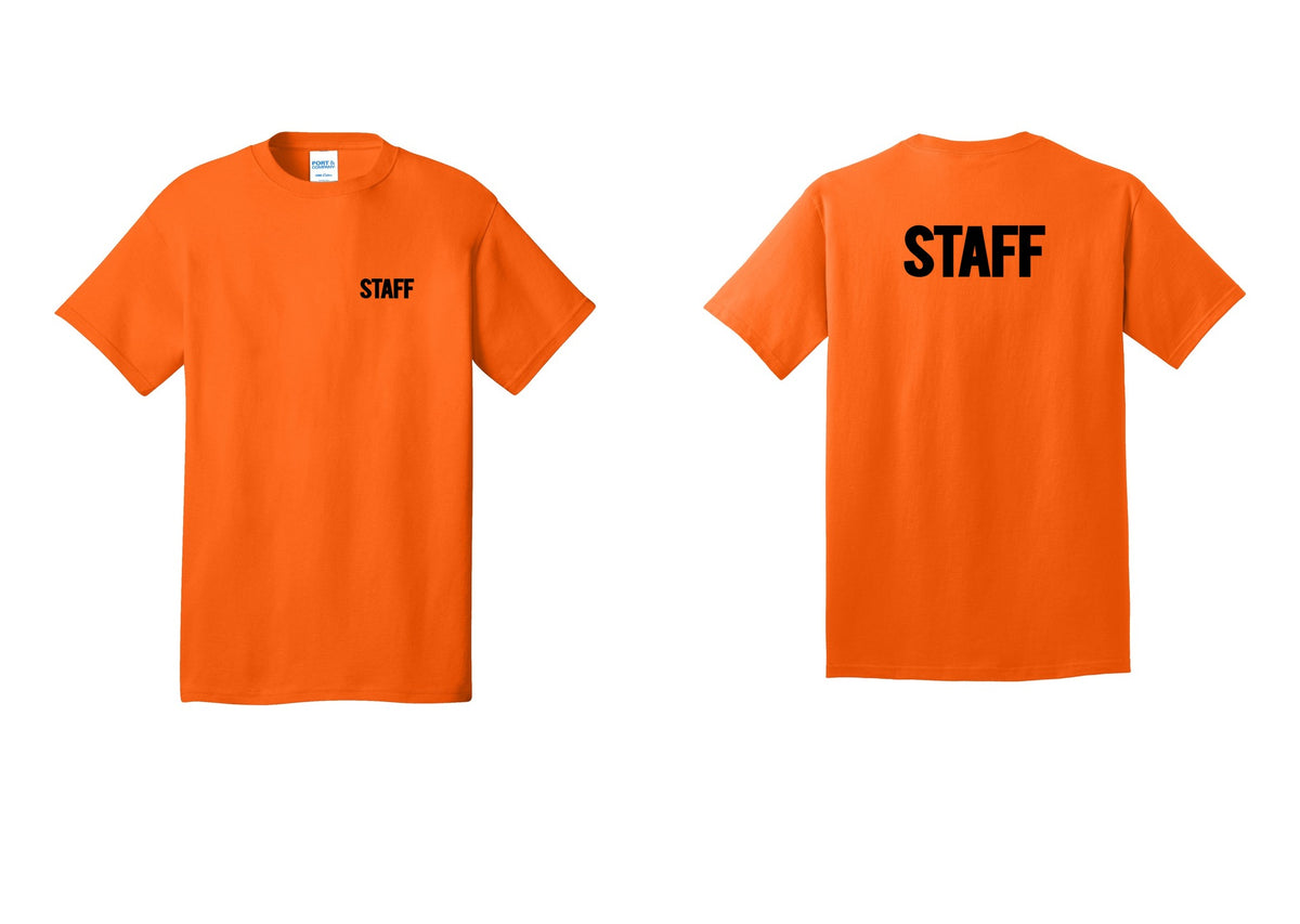 NYC Factory Staff T-Shirt, Bold Lettering - Chest + Back - Safety Orange
