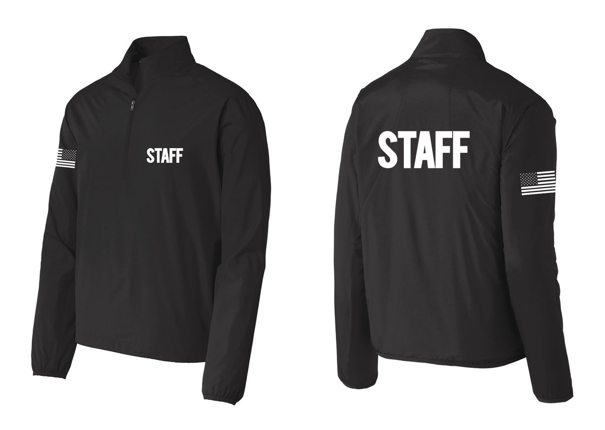 NYC Factory Staff Windbreaker 1/2-Zip Pullover (Bold) - Chest + Back + US Flag Sleeve - Black