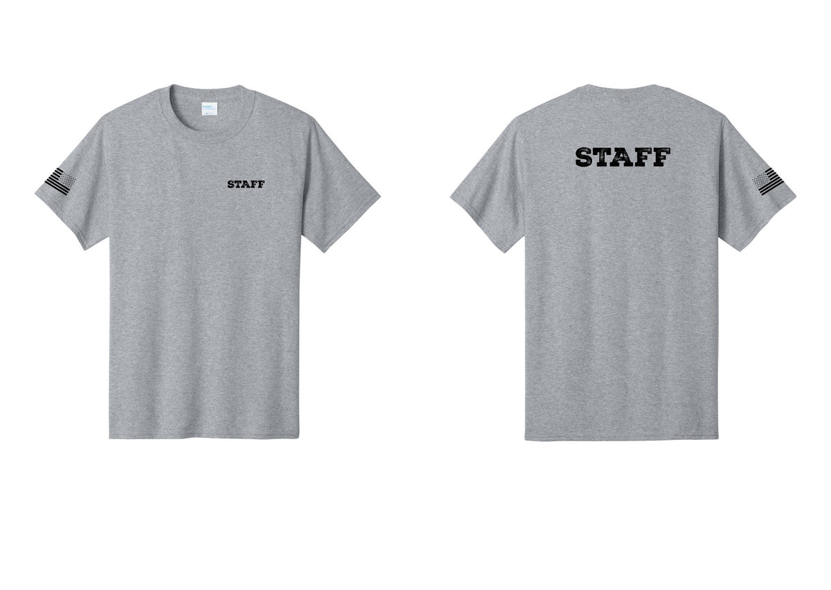 NYC Factory Staff T-Shirt, Rustic Lettering - Chest + Back + US Flag Sleeve - Athletic Heather