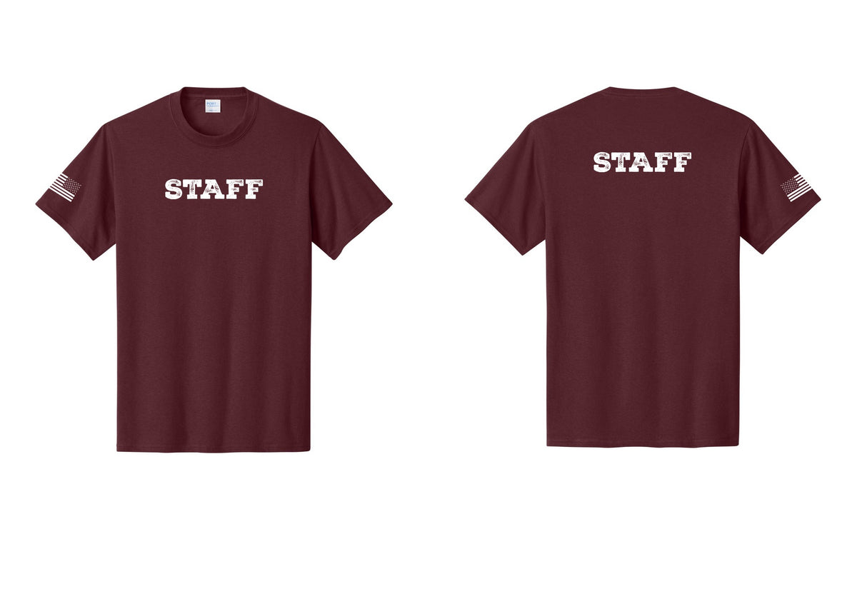 NYC Factory Staff T-Shirt, Rustic Lettering - Front + Back + US Flag Sleeve - Athletic Maroon