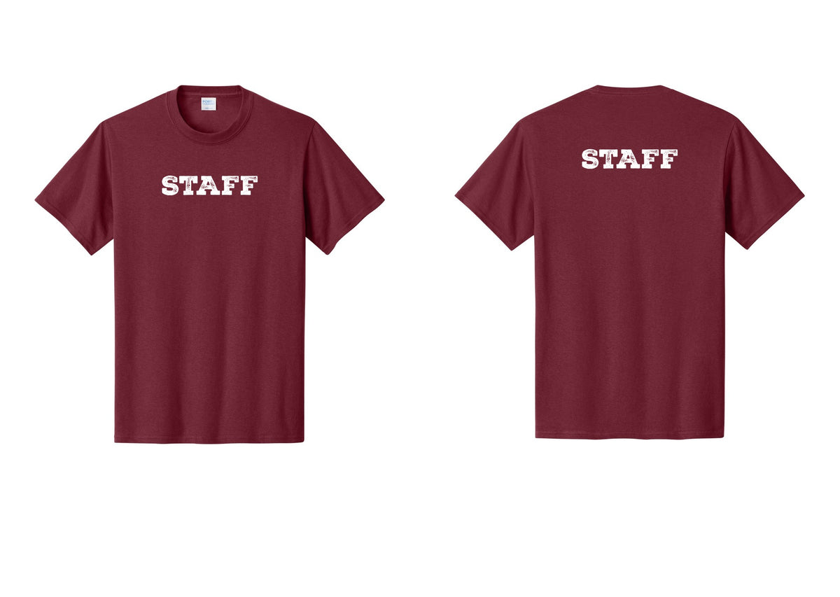 NYC Factory Staff T-Shirt, Rustic Lettering - Front + Back - Cardinal