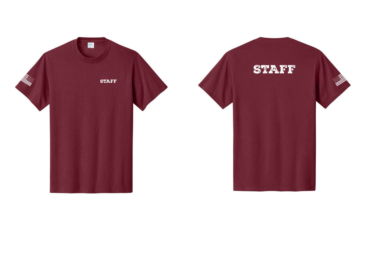 NYC Factory Staff T-Shirt, Rustic Lettering - Chest + Back + US Flag Sleeve - Cardinal