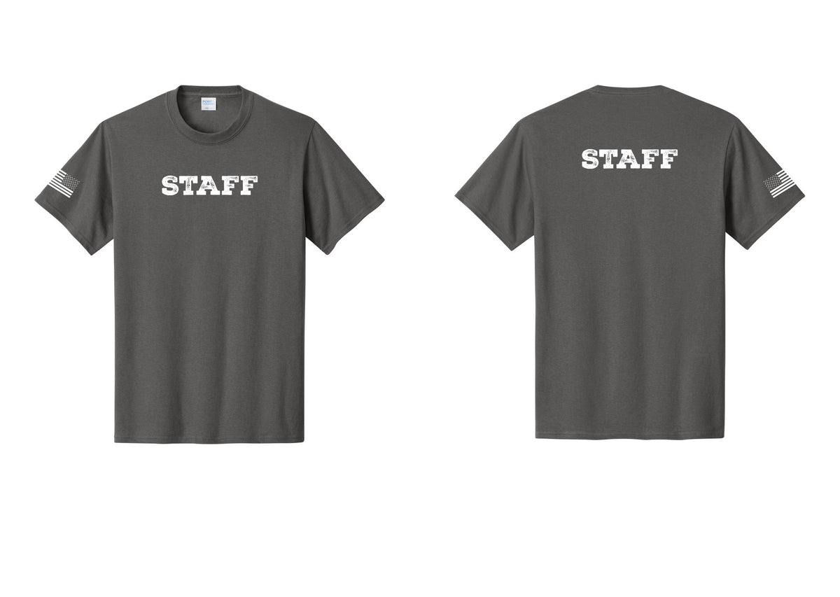 NYC Factory Staff T-Shirt, Rustic Lettering - Front + Back + US Flag Sleeve - Charcoal