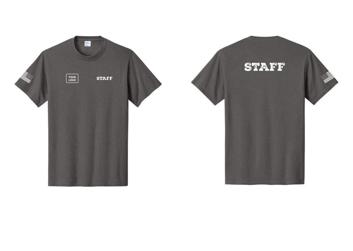 NYC Factory Custom Logo Staff T-Shirt, Rustic Lettering - STAFF + Your Logo + Back + US Flag Sleeve - Charcoal