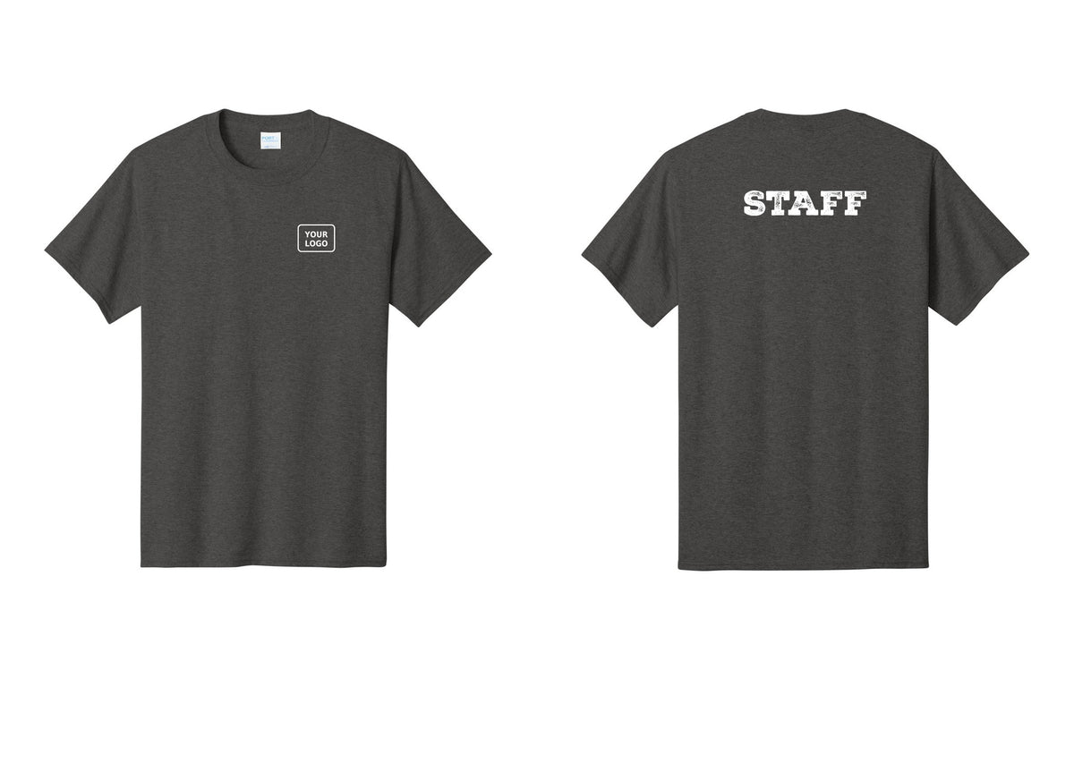 NYC Factory Custom Logo Staff T-Shirt, Rustic Lettering - Your Logo + Back - Dark Heather Grey