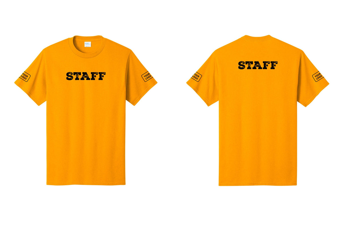 NYC Factory Custom Logo Staff T-Shirt, Rustic Lettering - Front + Back + Your Logo Sleeves - Gold
