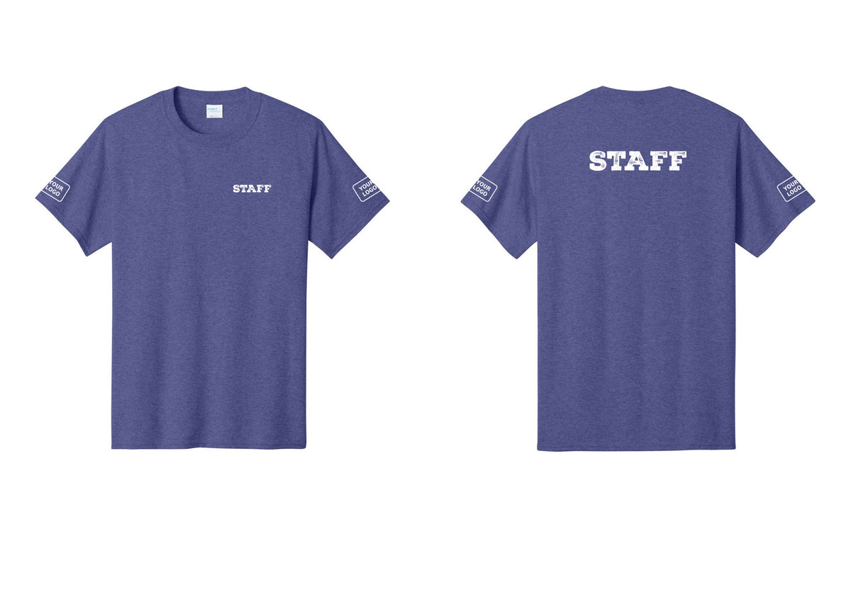 NYC Factory Custom Logo Staff T-Shirt, Rustic Lettering - Chest + Back + Your Logo Sleeves - Heather Purple