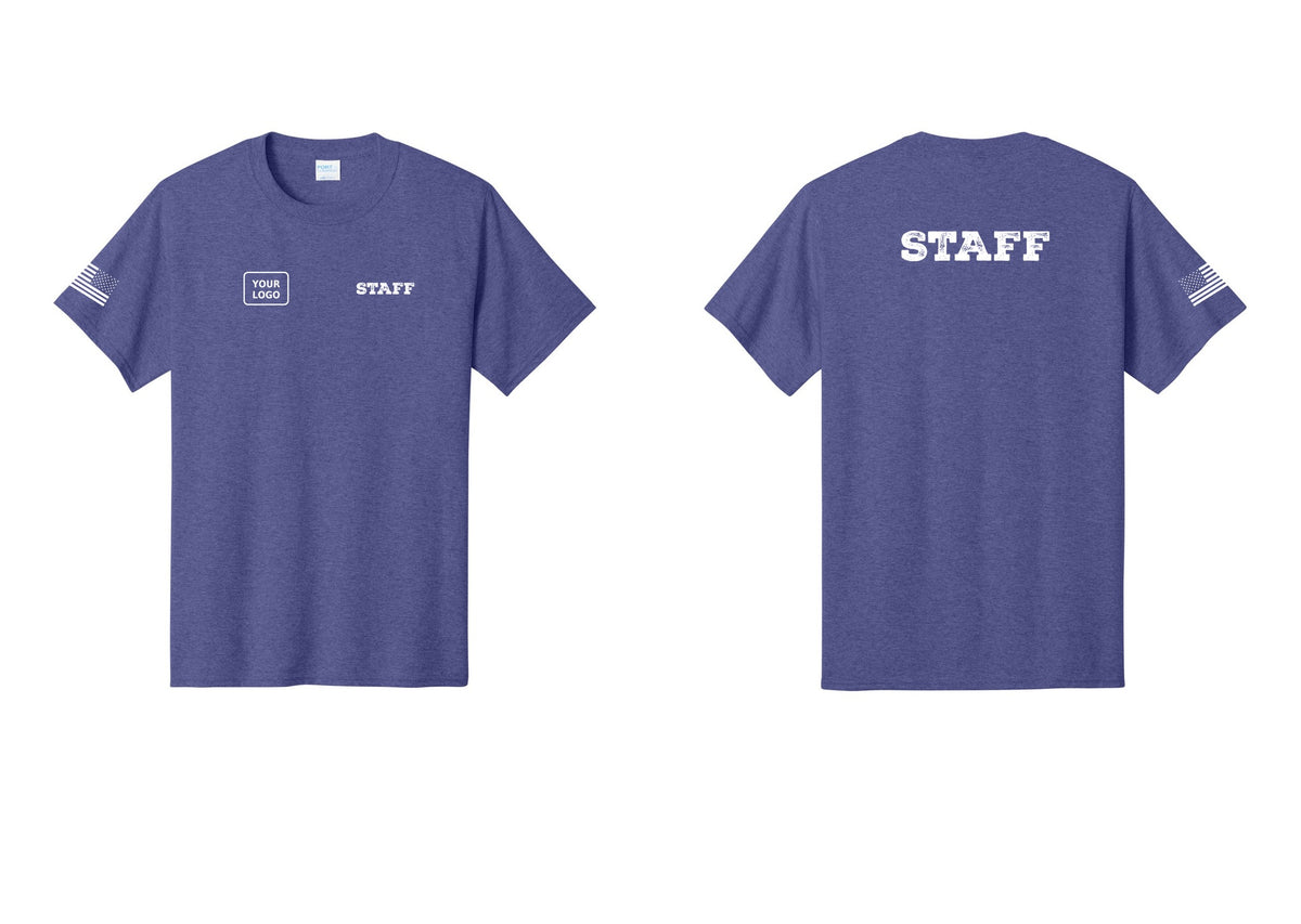 NYC Factory Custom Logo Staff T-Shirt, Rustic Lettering - STAFF + Your Logo + Back + US Flag Sleeve - Heather Purple