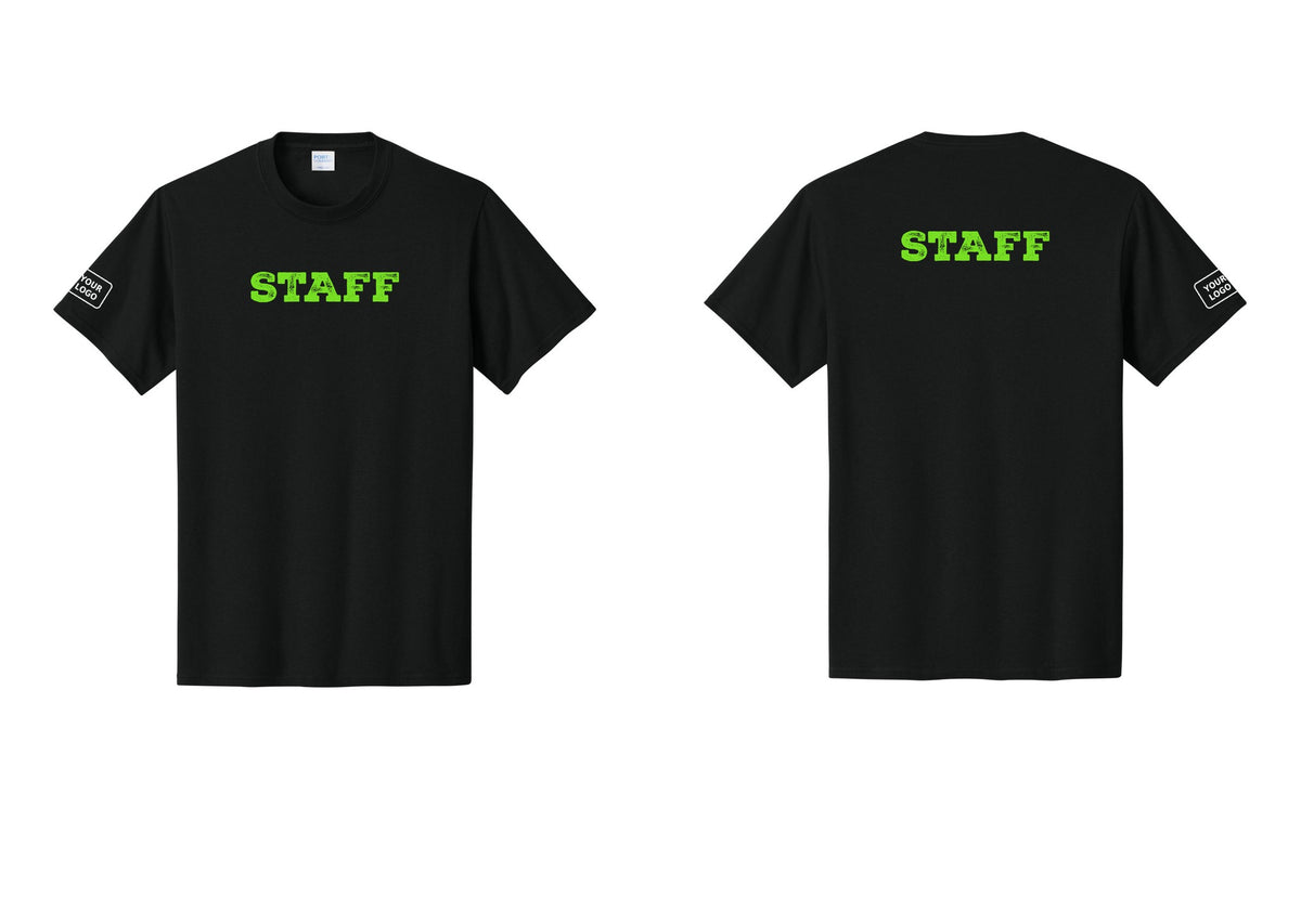 NYC Factory Custom Logo Staff T-Shirt, Rustic Lettering - Front + Back + Your Logo Sleeve - Black / Neon