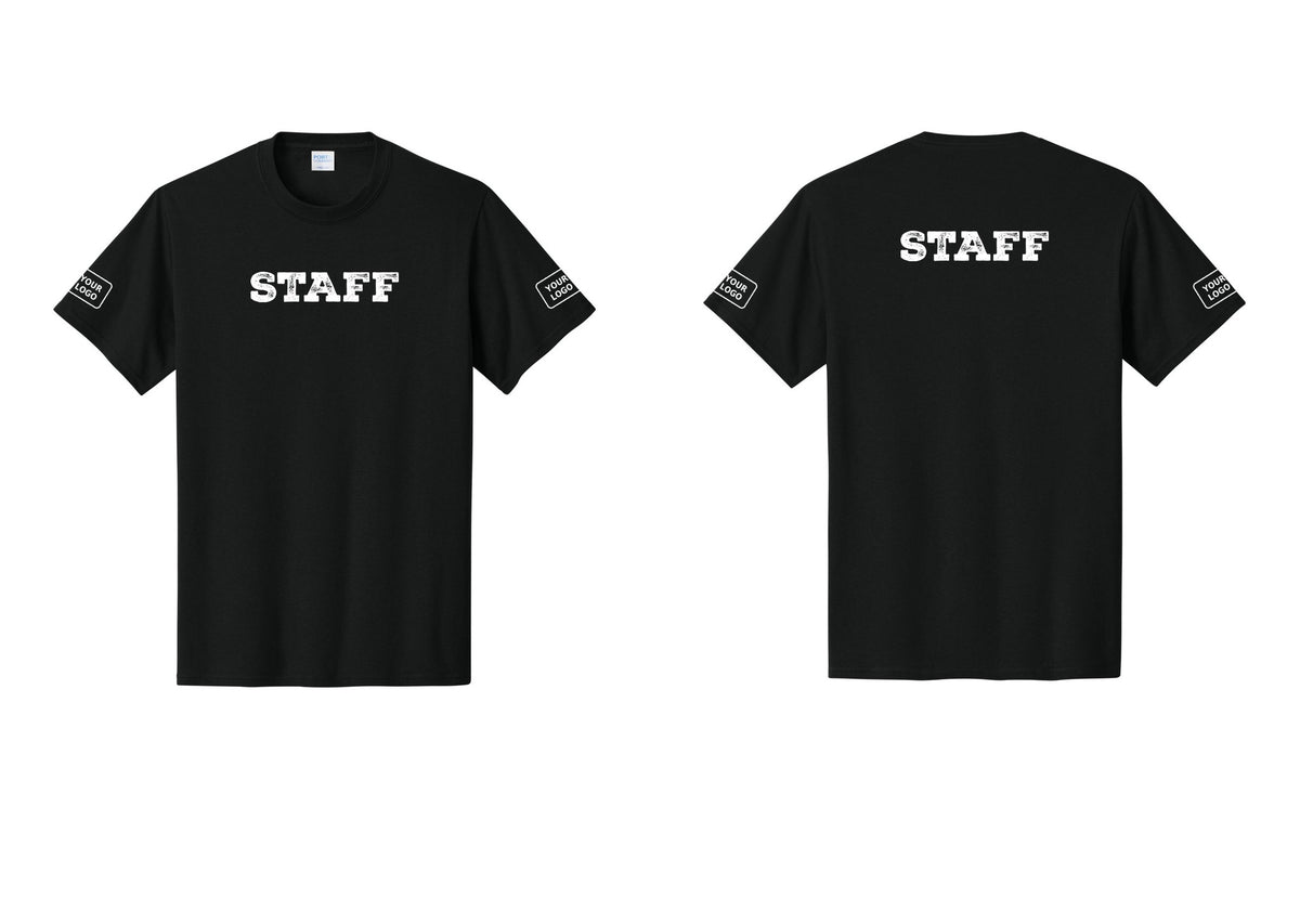 NYC Factory Custom Logo Staff T-Shirt, Rustic Lettering - Front + Back + Your Logo Sleeves - Black