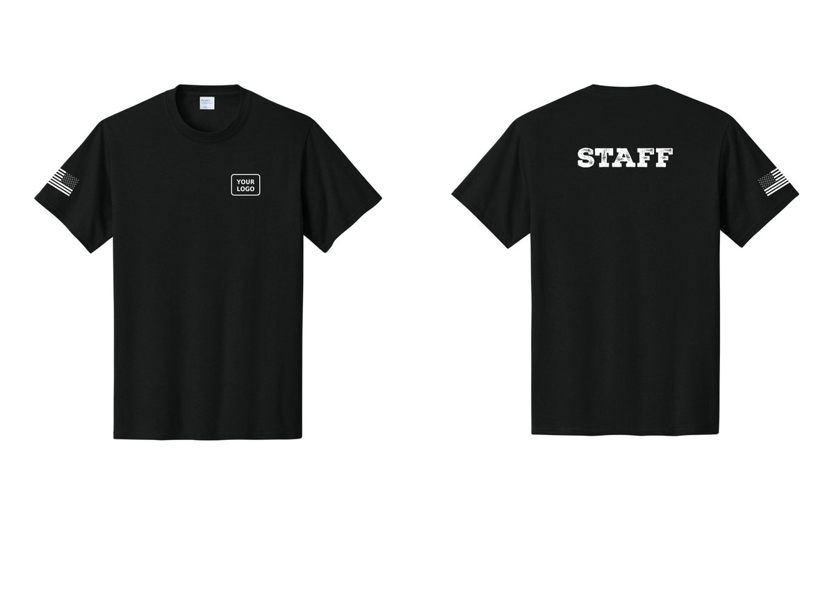 NYC Factory Custom Logo Staff T-Shirt, Rustic Lettering - Your Logo + Back + US Flag Sleeve - Black