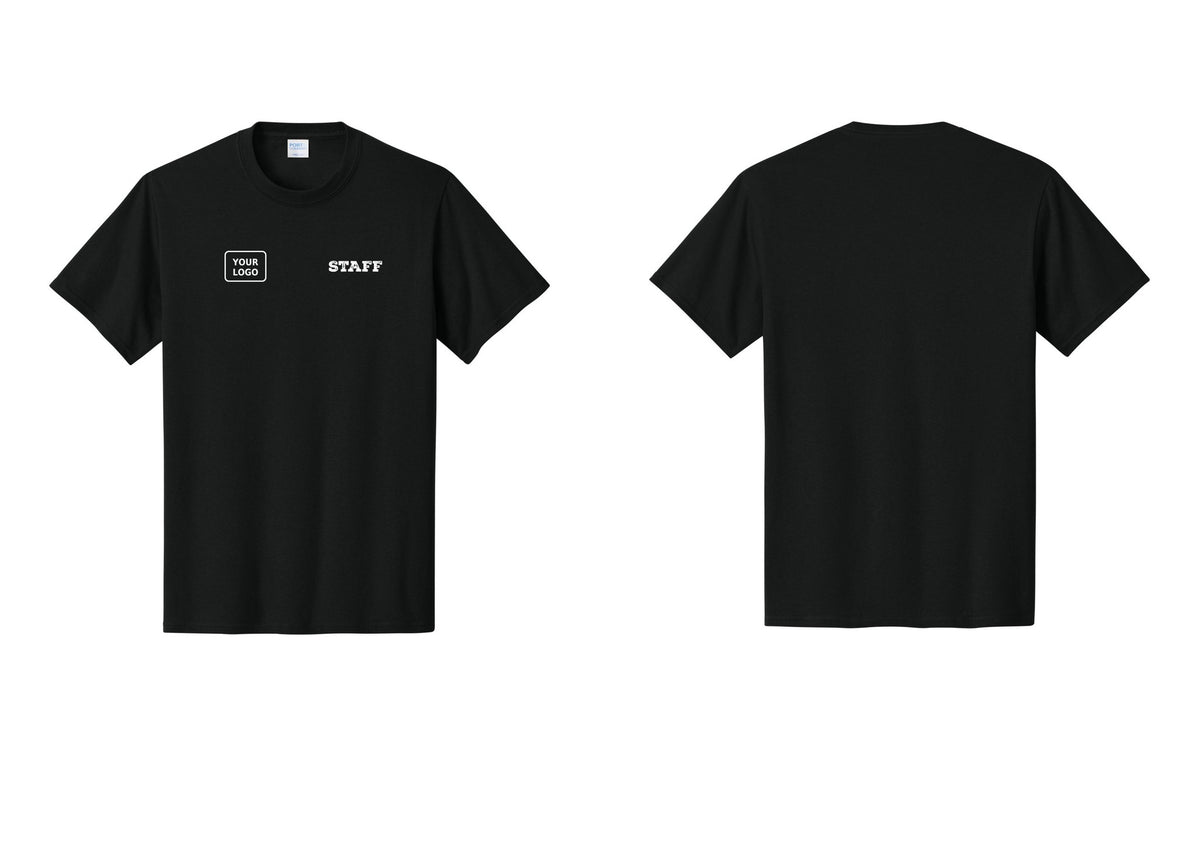 NYC Factory Custom Logo Staff T-Shirt, Rustic Lettering - STAFF + Your Logo - Black