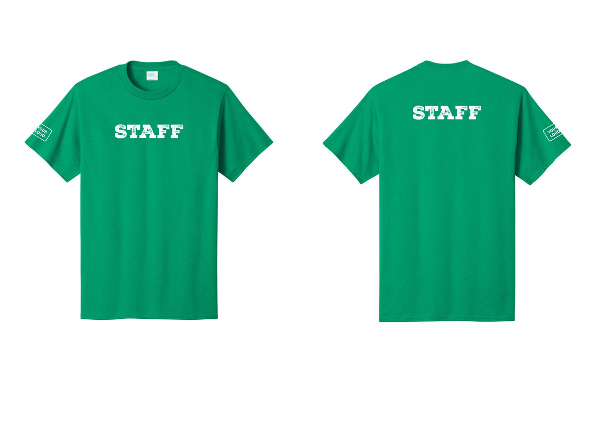 NYC Factory Custom Logo Staff T-Shirt, Rustic Lettering - Front + Back + Your Logo Sleeve - Kelly