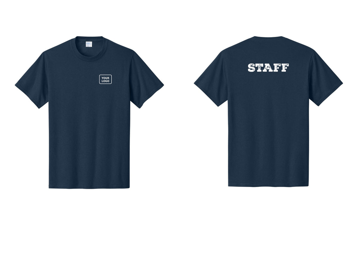 NYC Factory Custom Logo Staff T-Shirt, Rustic Lettering - Your Logo + Back - Navy